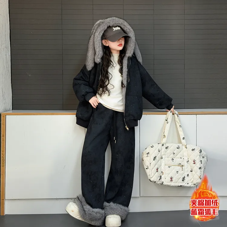 女童双面加绒外套加厚套装2025新款秋冬一体绒满天星阔腿裤两件套