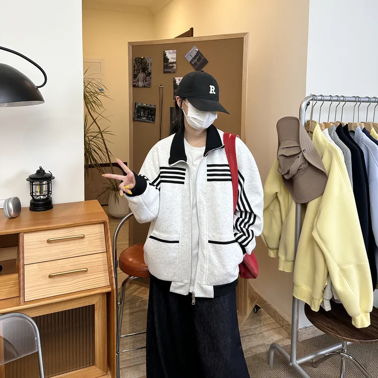 【阿毛专属】美式条纹夹克翻领宽松休闲耐磨ins秋冬撞色长袖卫衣外套