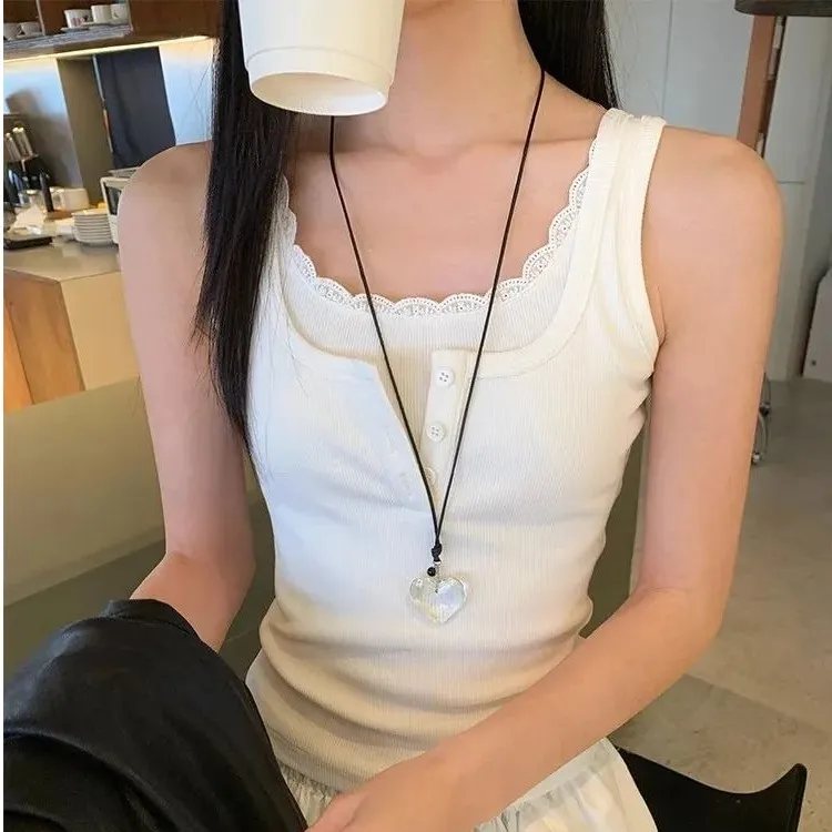 蕾丝花边白色背心女夏季2025新款时尚休闲百搭显瘦设计感无袖上衣