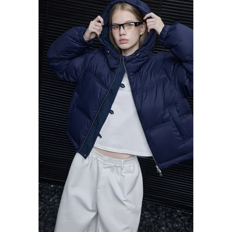 moment藏青色宽松抽绳连帽羽绒服外套女2025冬季新款两面穿巨好看