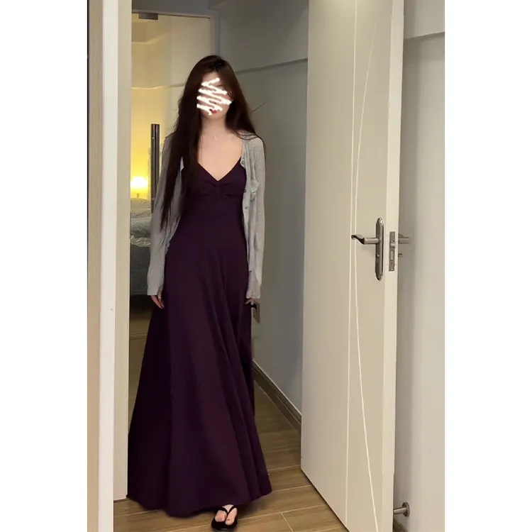 2025夏季新款法式气质薄款百搭修身开衫中长款收腰显瘦吊带连衣裙