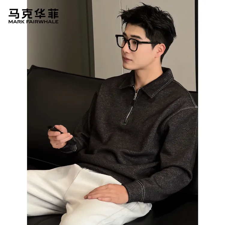 马克华菲仿牛仔卫衣夹克外套男士冬季立领加绒加厚polo翻领宽松潮