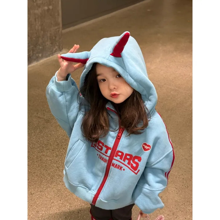 女童加绒卫衣外套秋冬2025开衫帽美式休闲连帽衫上衣潮