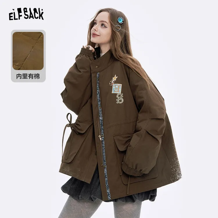 妖精的口袋复古刺绣立领工装棉服女2025年冬季新款夹棉风衣外套