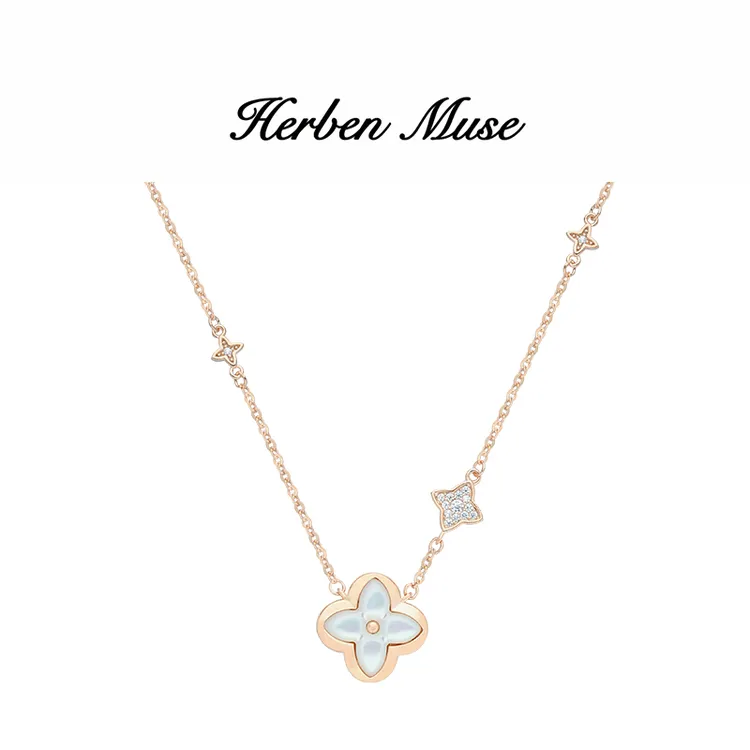HERBEN MUSE 合金项链 老花镶嵌白色菱形四叶草套链时尚美观项链