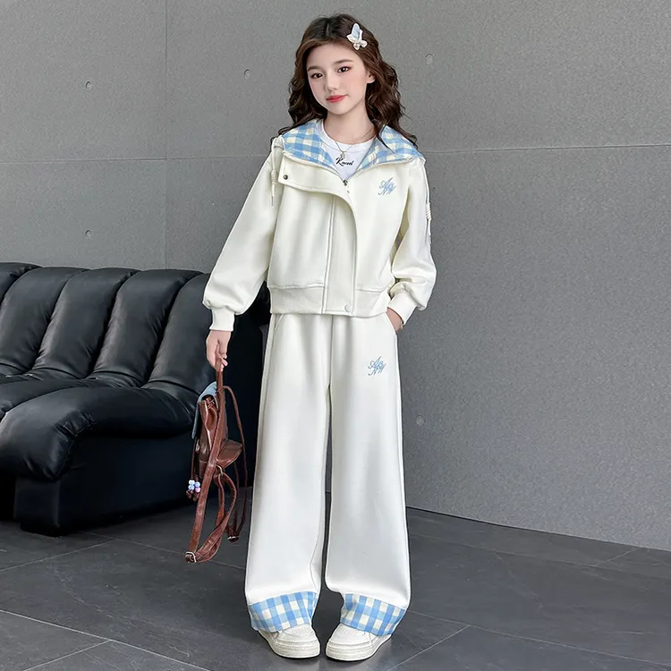 女童套装洋气时尚格子拼接连帽两件套3-15岁春秋款气质休闲韩版