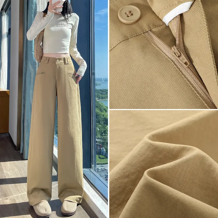 卡其色窄版阔腿裤女2025春秋潮流新款时尚高腰显瘦垂顺休闲直筒裤