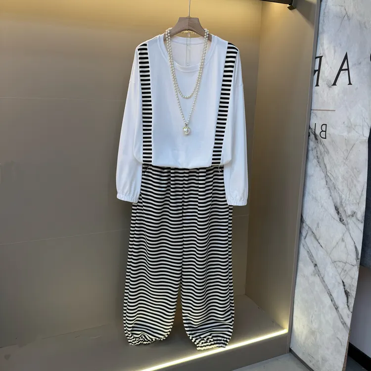 2025秋新款女条纹拼接设计圆领长袖上衣裤子宽松遮肉两件套971