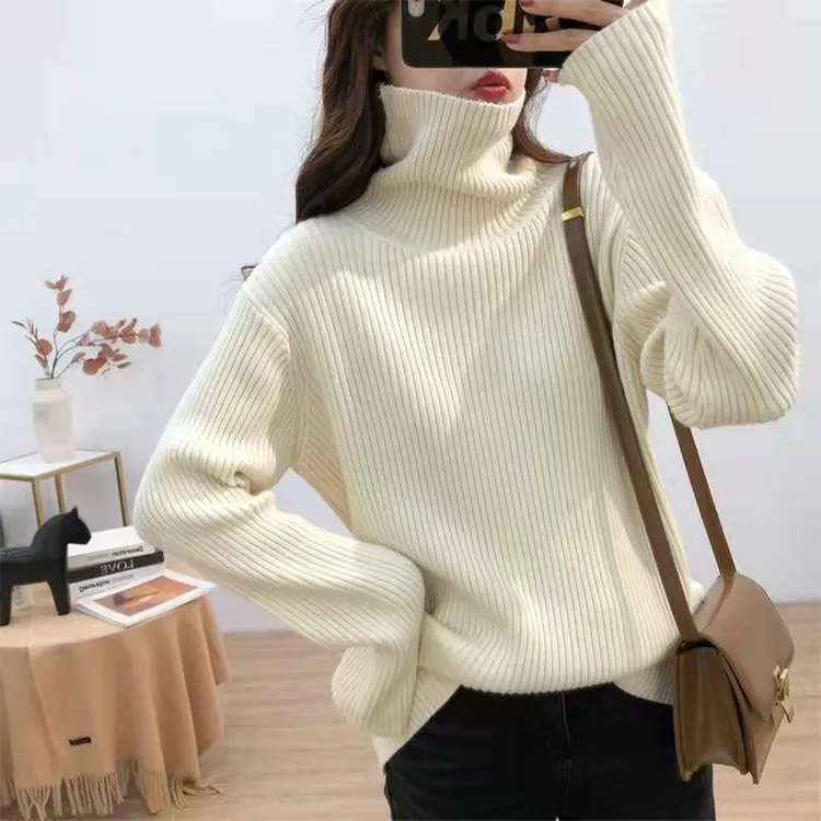 加厚两条毛宽松秋冬高领毛衣女复古简约慵懒坑条翻领针织打底衫