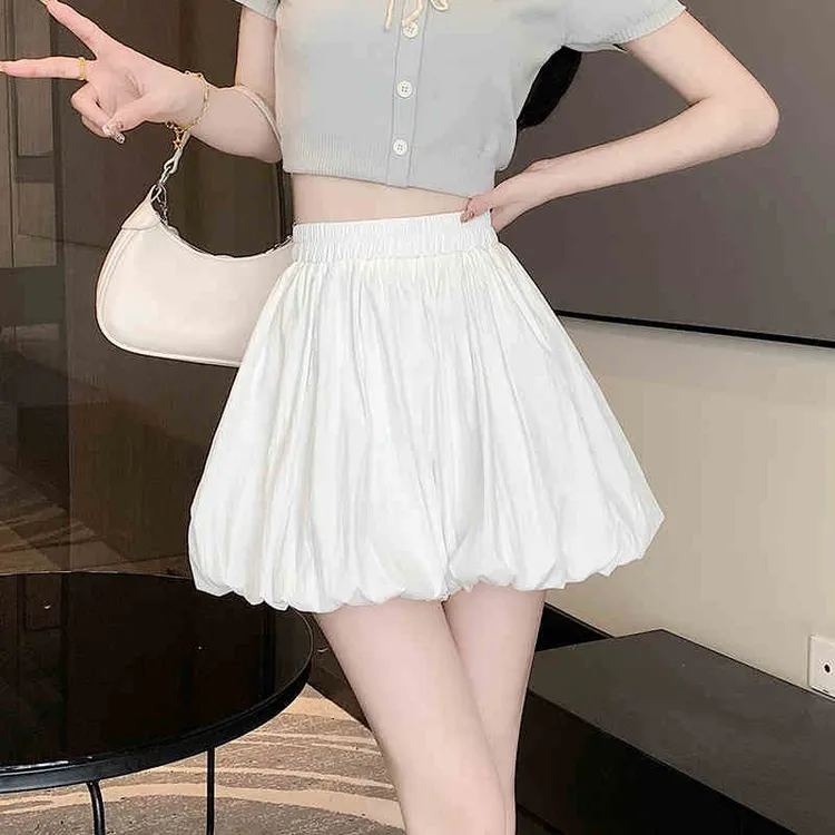 女夏季2025新款灯笼白色花苞裤裙云朵蓬蓬感A字褶皱半身短裙裤子