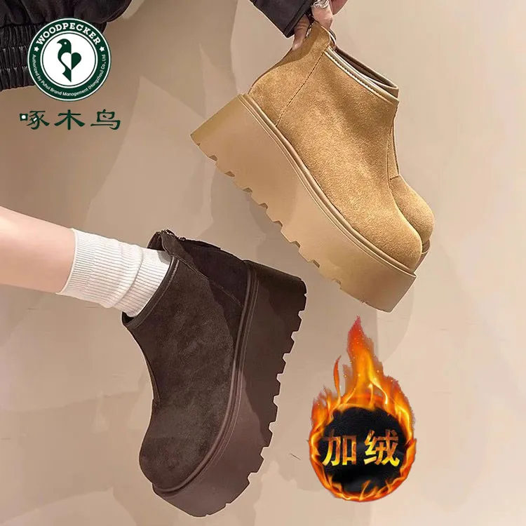 啄木鸟雪地靴女款冬季新款加绒厚底增高时尚百搭面包鞋气质短靴