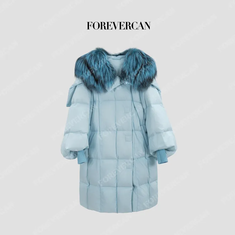 FOREVERCAN狐狸毛领长款高克重鹅绒羽绒外套（冰川蓝） SC20589