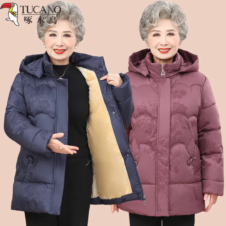 啄木鸟冬季中老年加绒棉服女连帽加厚大码外套老人奶奶装保暖棉衣