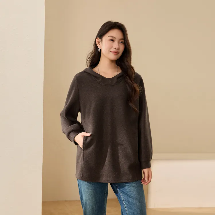 【慵懒简约】纤莉秀W大码女装流光磨毛绒面连帽软糯卫衣帽衫QK4876商品图