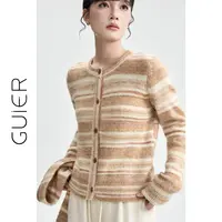 撞色条纹毛衣开衫女秋冬2025新款圆领正肩复古针织上衣SS7078