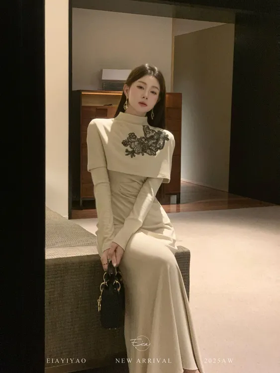 EIA一尧【晚香】气质矜贵贴片绣外批+长袖连衣裙优雅显瘦静奢套装女