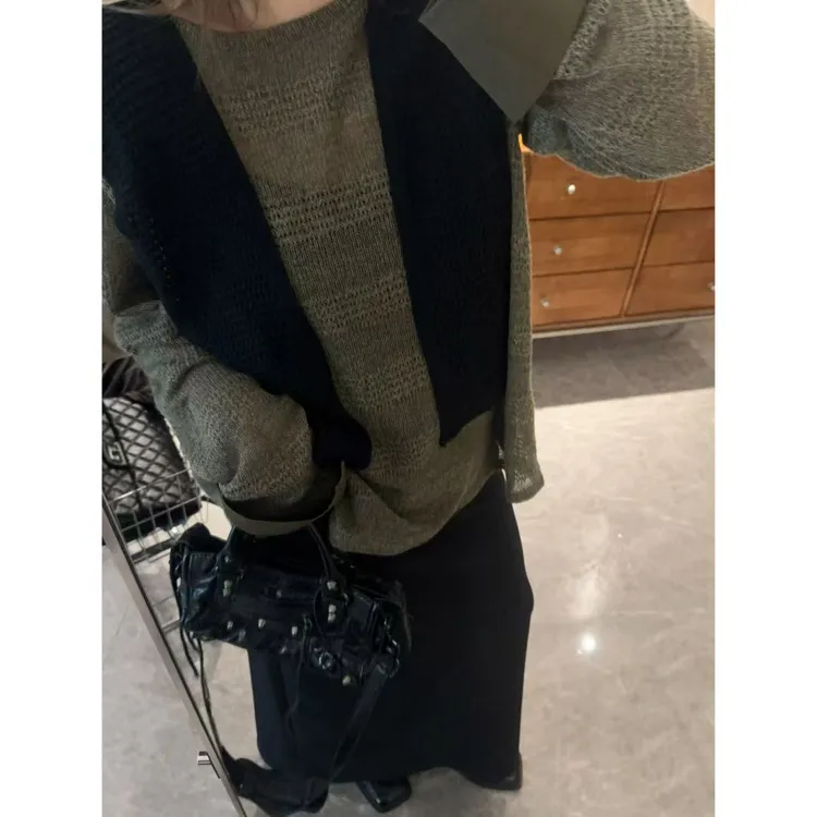 大码镂空针织衫女秋款中长款上衣女宽松慵懒风薄款微透毛衣