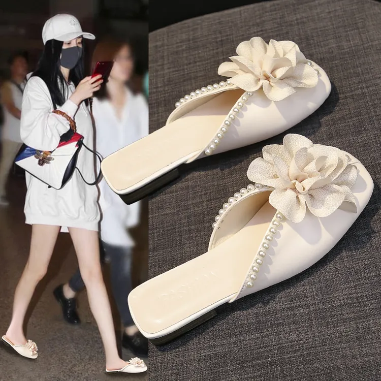 2025夏季新款法式珍珠花包头半拖鞋女外穿仙女风时尚平底凉拖低跟