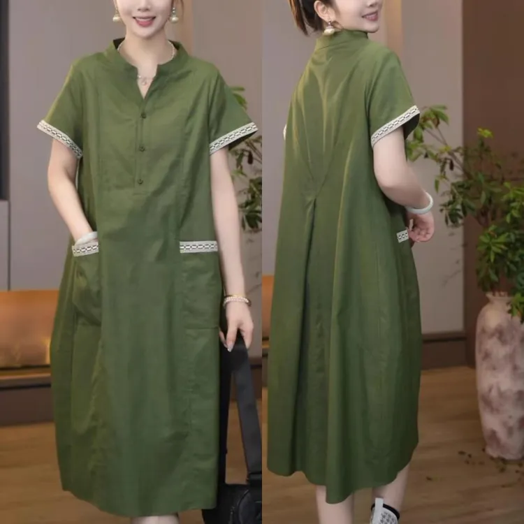 复古气质连衣裙2025夏季新款时尚休闲蕾丝拼色日常百搭外穿中长裙