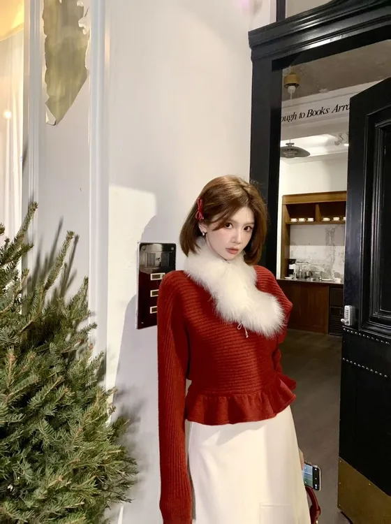 荷叶边系带针织衫女新款女装打底小衫女时尚设计感女上衣I9-13