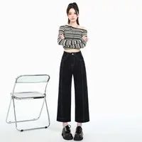 小个子弹力九分烟管牛仔裤秋季新品丹宁蓝女裤高腰显瘦深蓝直筒裤