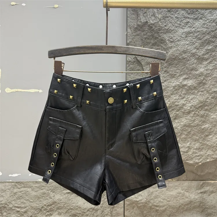 重工铆钉工装口袋设计甜酷辣妹PU皮短裤秋季高腰显瘦a字阔腿靴裤