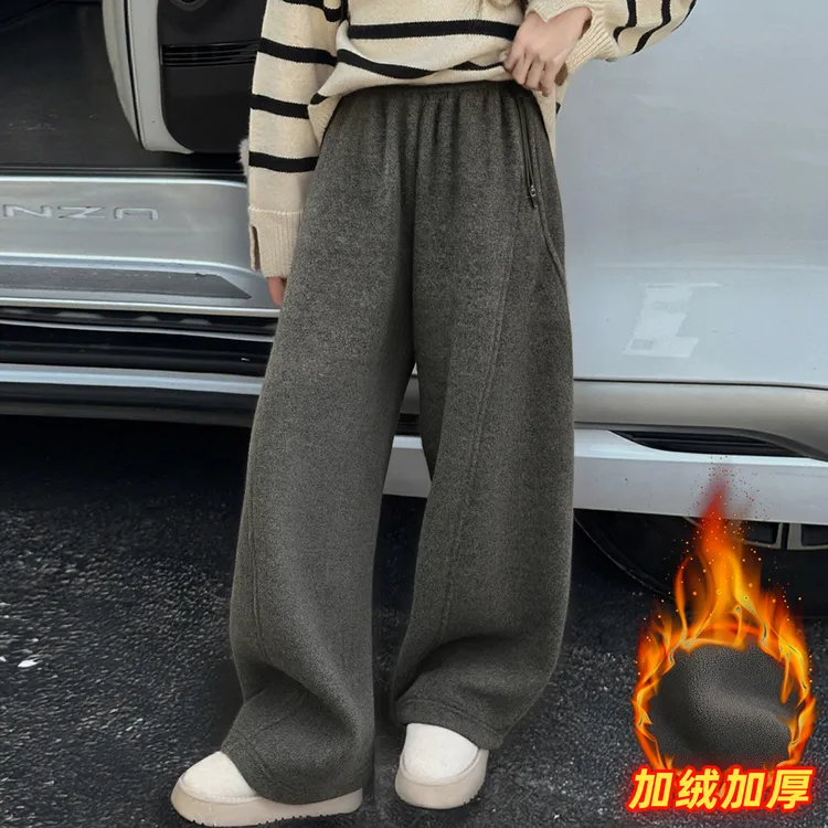 女童加绒裤子显瘦洋气2025新款中大童秋冬季弯刀裤宽松加厚休闲裤