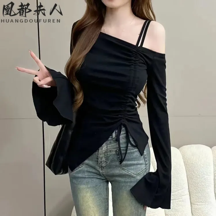 纯欲风辣妹露肩长袖女2025新款早春不规则修身显瘦打底衫甜辣上衣