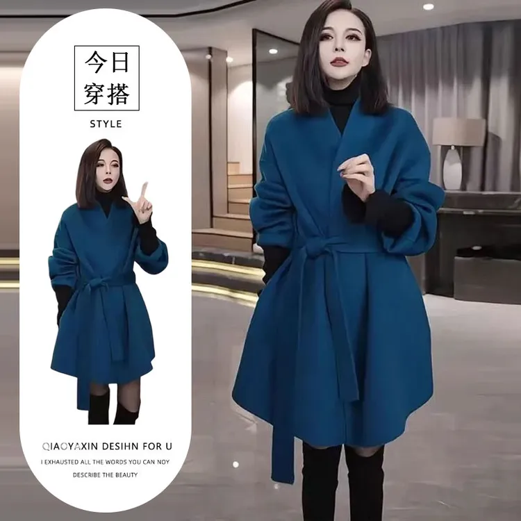 欧货大码V领收腰毛呢大衣2025秋冬新款显瘦气质百搭中长款外套女