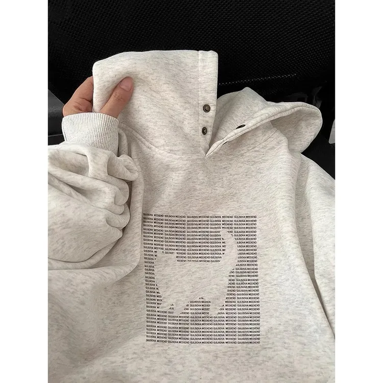 白灰色美式潮牌个性印花设计感连帽卫衣女男秋冬宽松加绒纽扣外套