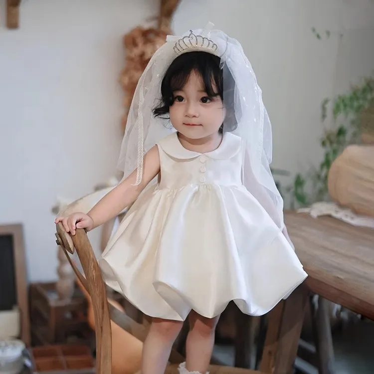 女宝宝生日抓周礼服夏季女童白色生日连衣裙周岁公主裙花童蓬蓬裙
