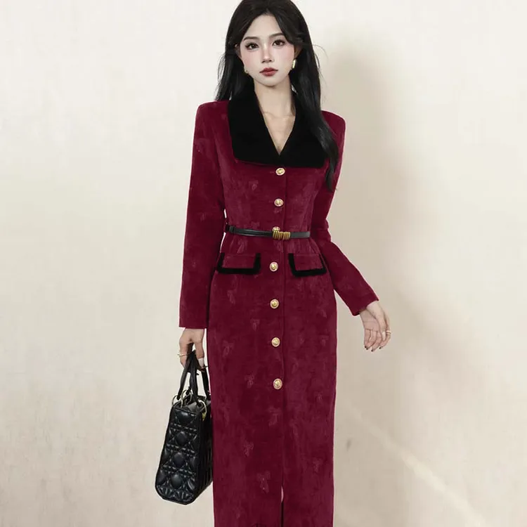 【含腰带】法式翻领拼色气质连衣裙秋冬裙子女QY0170