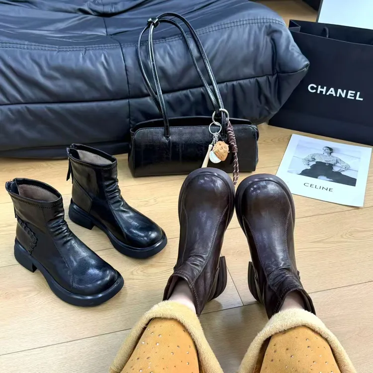 9239新款后拉链圆头舒适百搭软底时尚编织马丁靴