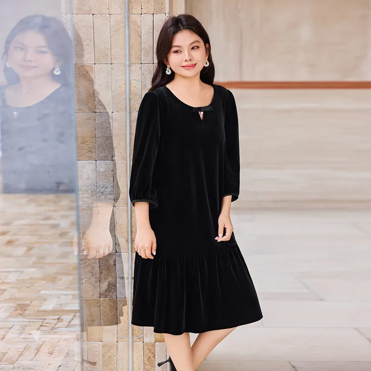 【现货垂感丝绒轻礼服】MsShe大码女装2025秋高端连衣裙S2508002