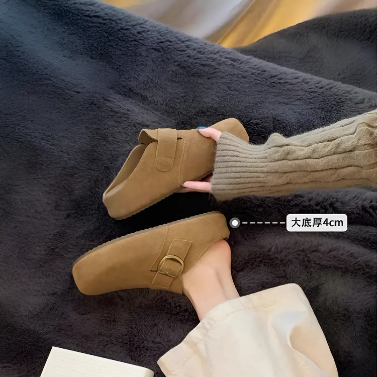 葡萄studiolle 增高4cm~厚底牛反绒包头懒人勃肯毛毛半拖鞋女秋冬