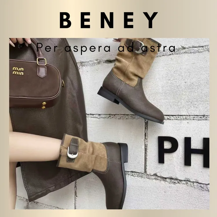 MissBeney极简主义~中筒骑士靴褶皱西部靴子复古金属搭扣堆堆靴