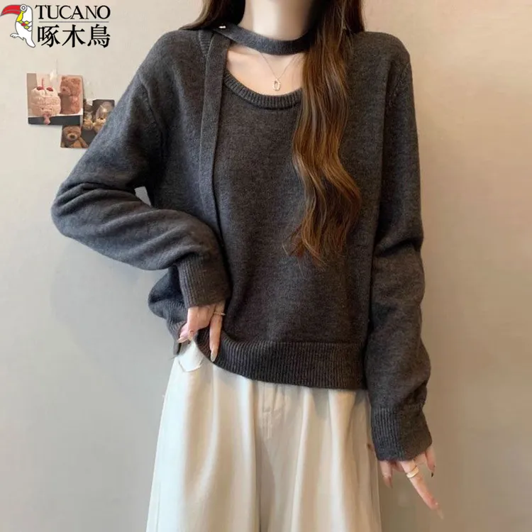TUCANO/啄木鳥设计感灰色挂脖飘带毛衣女秋冬款时尚针织长袖上衣