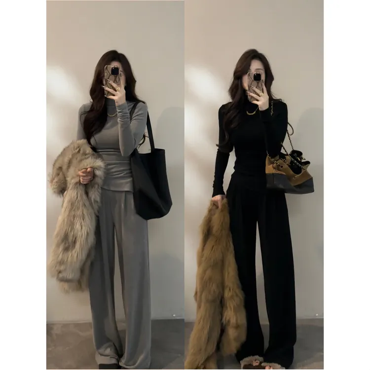 【大婷婷】秋冬季新款德绒半高领长袖T恤修身显瘦套装女装DT1778