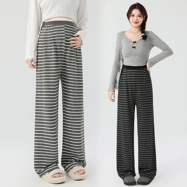 孕妇装裤子秋季外穿条纹慵懒休闲裤2025新款直筒阔腿长裤