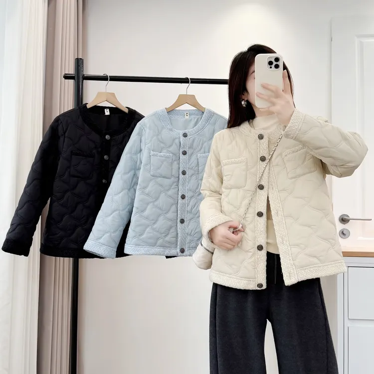 2025大码常规款短款女圆领棉衣棉服保暖小香风菱格秋冬688
