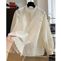 法式新款设计感大码宽松镂空木耳边长袖衬衫高级上衣女潮流休闲版