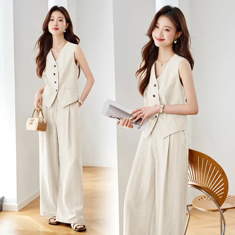 韩系背心西装马甲套装2025夏季新款高级感休闲宽松阔腿裤两件套