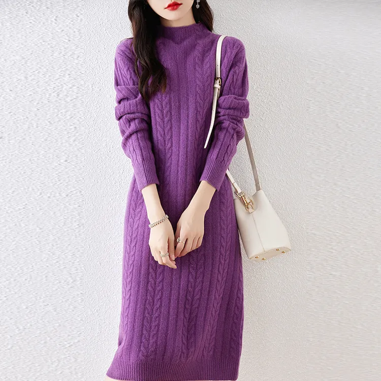 半高领针织连衣裙女士秋冬款中长款毛衣裙加厚宽松显瘦过膝打底裙