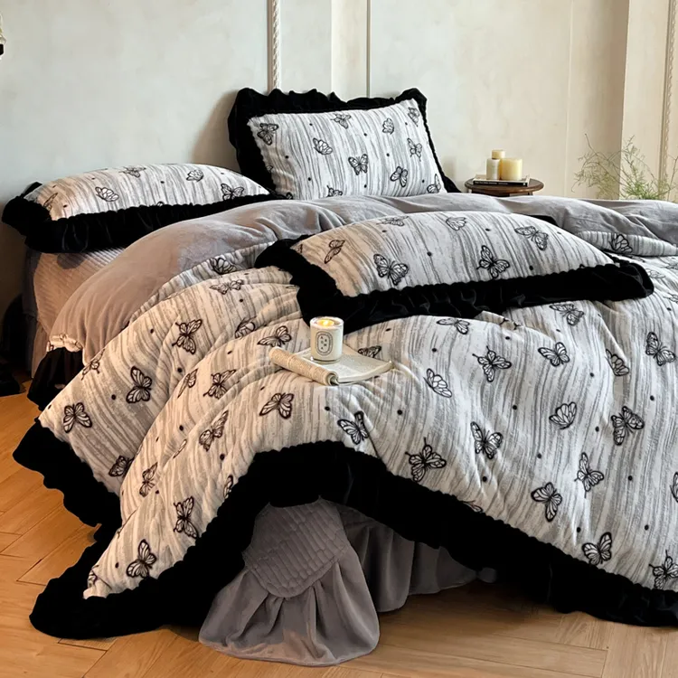 秋冬牛奶绒烂花轻奢法式花边床盖款四件套磨毛绒被加厚柔软