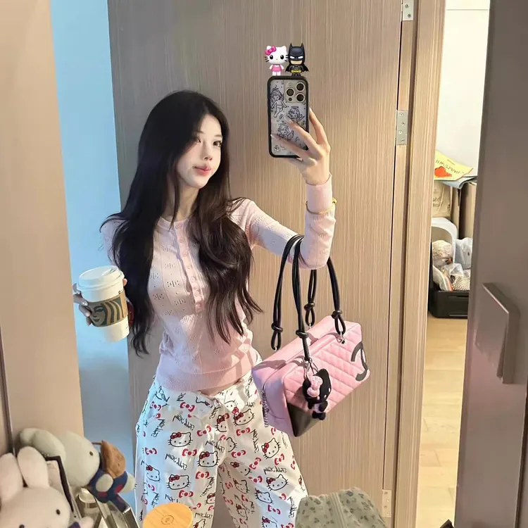 春季辣妹复古镂空针织衫打底亨利衫女长袖修身设计感T恤粉色上衣