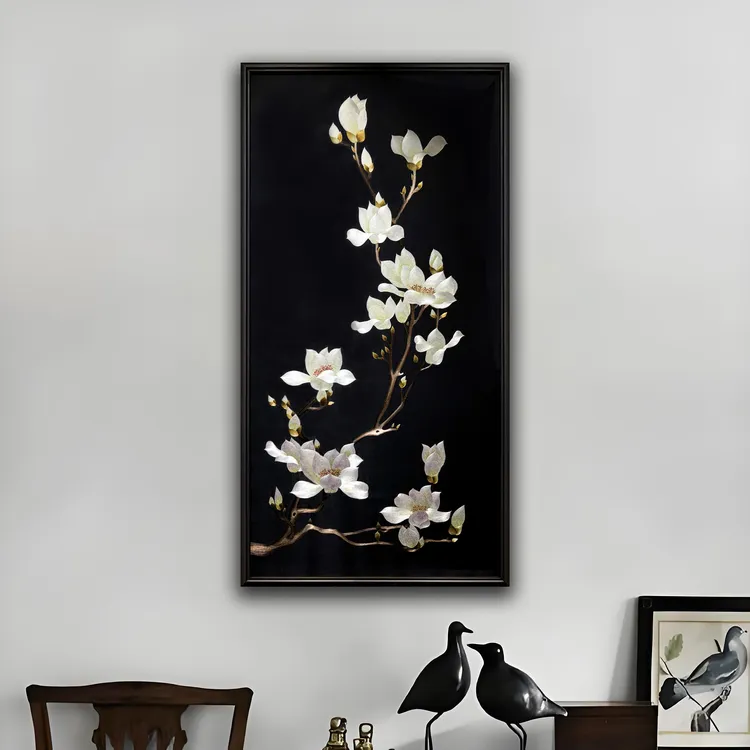 【冰清玉洁】纯手工苏绣精品玉兰花挂画玄关走廊背景墙挂画