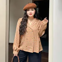 CC6280大码女装【法式街头衬衫】初秋西装领格子气质双排扣长袖上衣