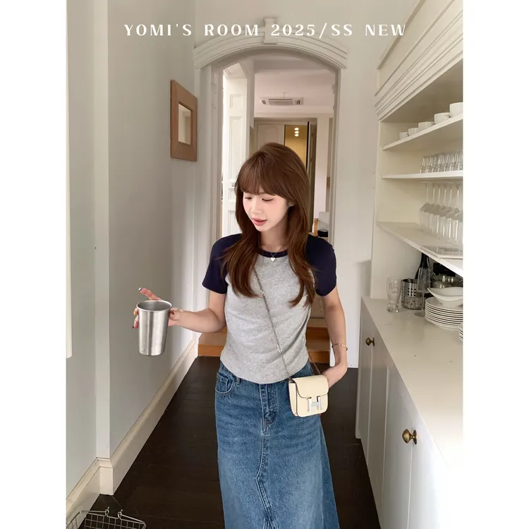 YOMI小个子【活力新生】通勤圆领显瘦百搭休闲灰色短袖T恤上衣女夏