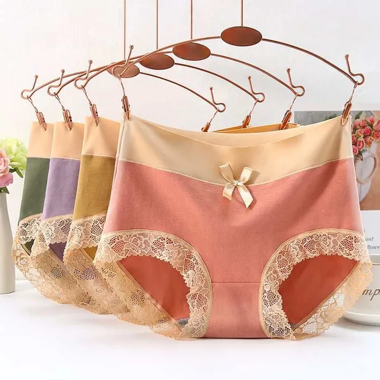 纯棉中腰内裤女全棉抗菌裆透气无痕包臀蝴蝶结女士蕾丝边三角裤