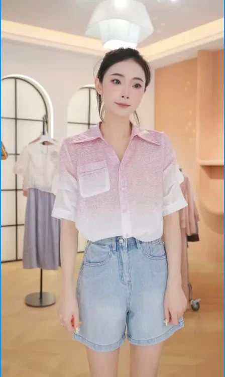 X2873港风复古短袖衬衫2025夏季新款时尚气质衬衣渐变色翻领上衣
